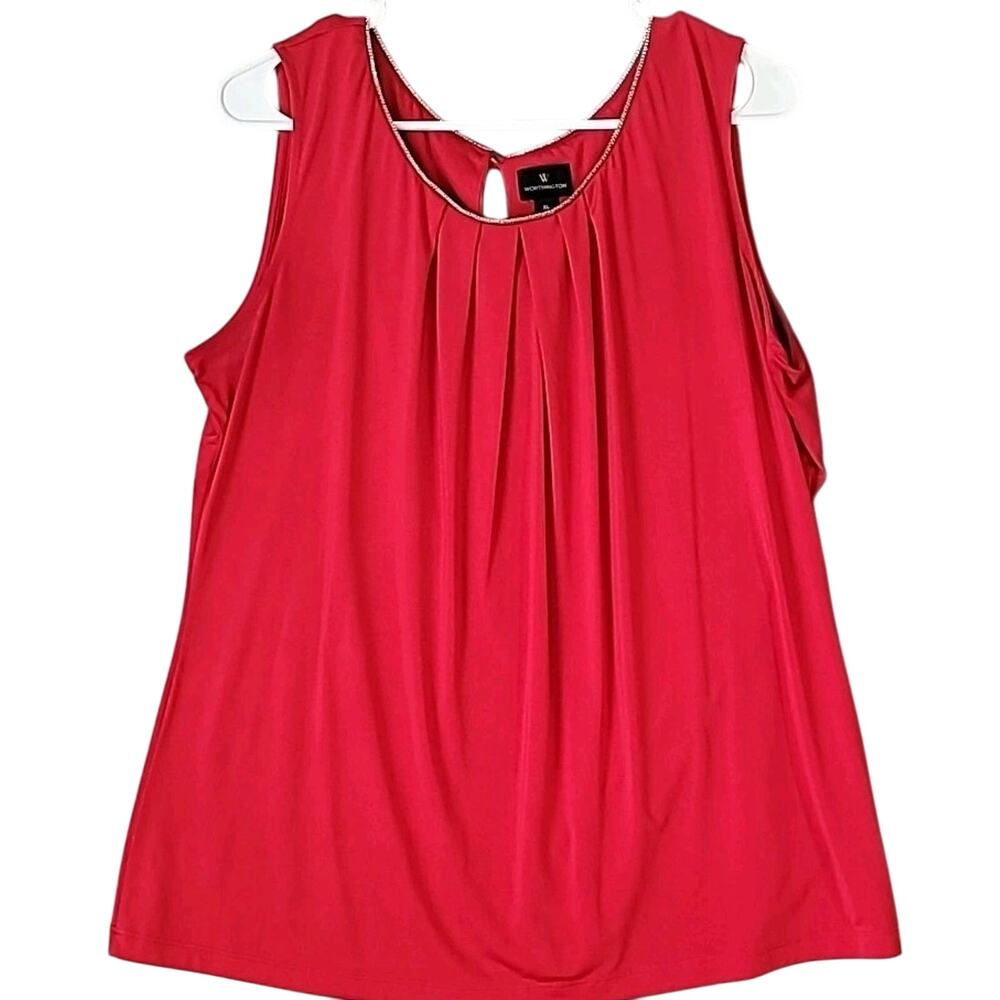 Red Pleated Rhinestone Blouse XL Romantic Glam EUC